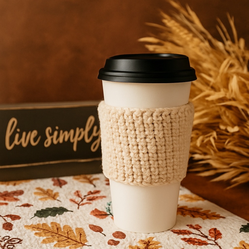 Cozy Crocheted Cream Colored Coffee Sleeve With A Button Design